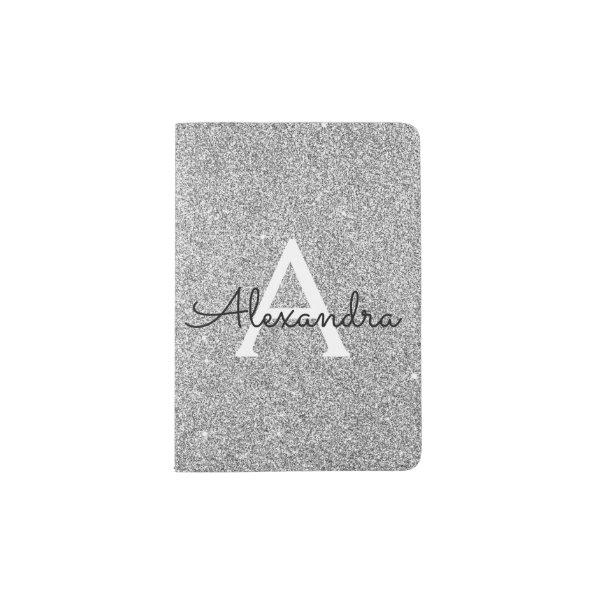 Silver Sparkle Glitter Girly Monogram Name Passport Holder
