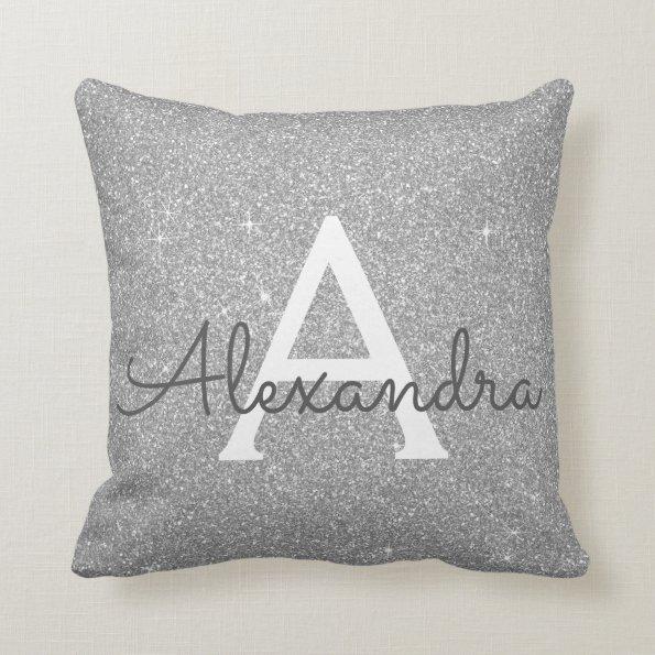 Silver Sparkle Glitter Monogram Name & Initial Throw Pillow