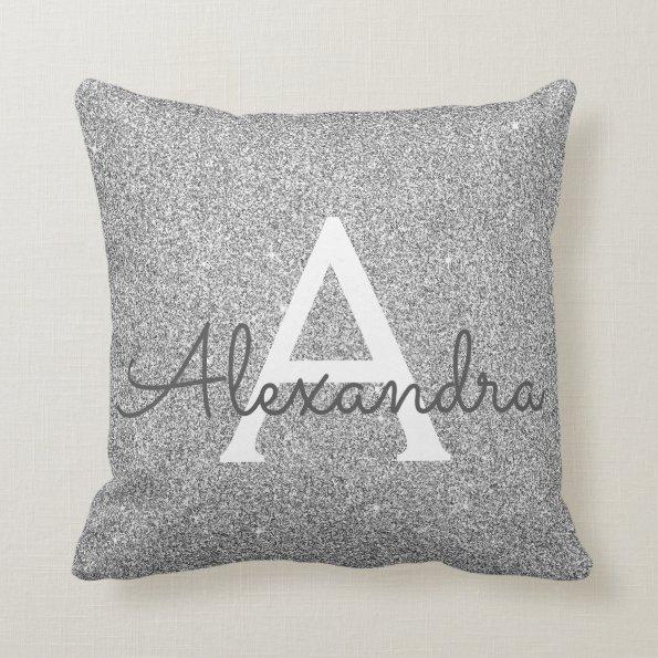 Silver Sparkle Glitter Monogram Name & Initial Throw Pillow