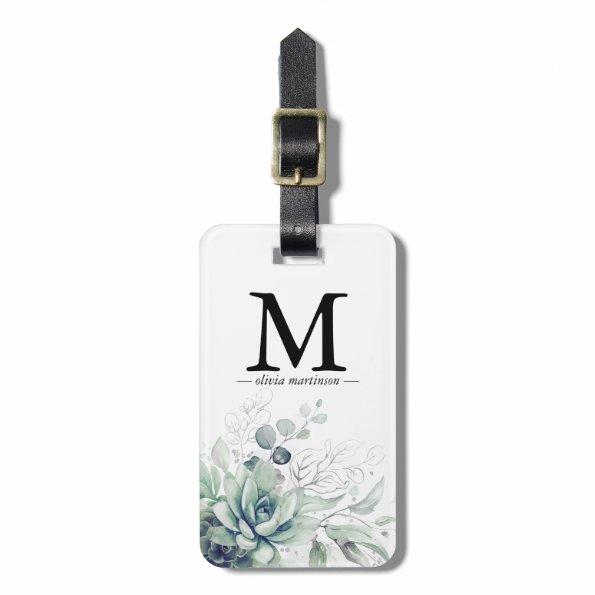 Silver Succulents Greenery Monogram Luggage Tag