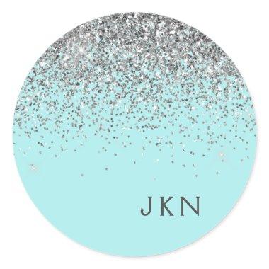 Silver Teal Aqua Blue Girly Glitter Monogram Classic Round Sticker