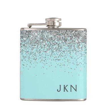 Silver Teal Aqua Blue Girly Glitter Monogram Flask