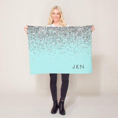 Silver Teal Aqua Blue Girly Glitter Monogram Fleece Blanket