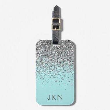 Silver Teal Aqua Blue Girly Glitter Monogram Luggage Tag