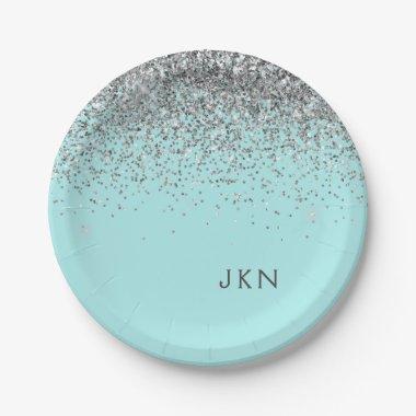 Silver Teal Aqua Blue Girly Glitter Monogram Paper Plates