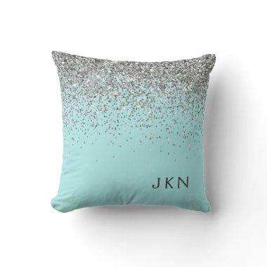 Silver Teal Aqua Blue Girly Glitter Monogram Throw Pillow