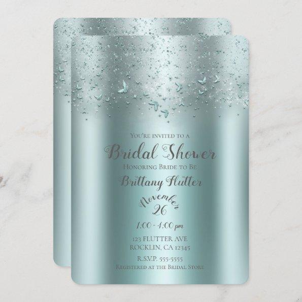 Silver Teal Aqua Flutter Butterfly Bridal Shower Invitations