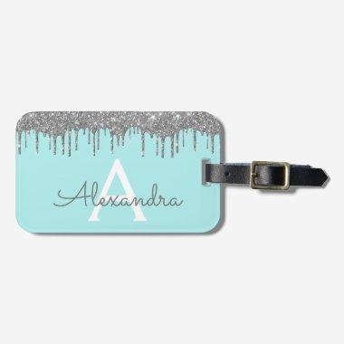 Silver Teal Blue Glitter Sparkle Monogram Name Luggage Tag