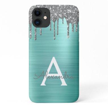 Silver Teal Glitter Brushed Metal Monogram Name iPhone 11 Case