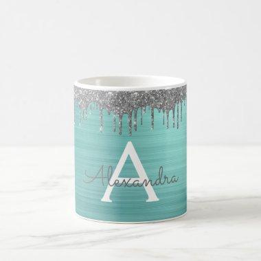 Silver Teal Glitter Brushed Metal Monogram Name Coffee Mug