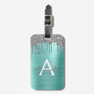 Silver Teal Glitter Brushed Metal Monogram Name Luggage Tag