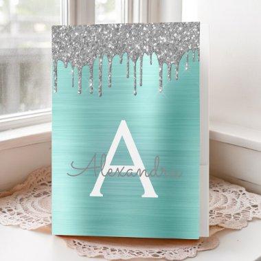 Silver Teal Glitter Brushed Metal Monogram Name Pocket Folder
