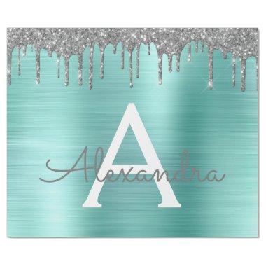 Silver Teal Glitter Brushed Metal Monogram Name Wrapping Paper