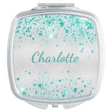 Silver teal glitter monogram name compact mirror