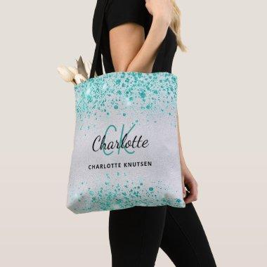 Silver teal green glitter monogram name glamorous tote bag