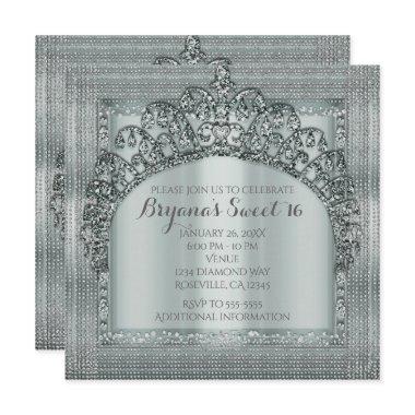 Silver Tiara Crown & Diamond Bling Invitations