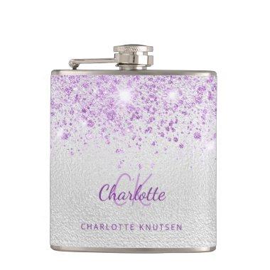 Silver violet glitter monogram best friends bff flask
