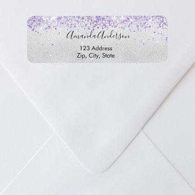 Silver violet glitter sparkle return address label