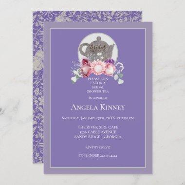 Silver Violet Periwinkle Floral Bridal Tea Invitations