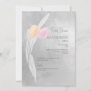Silver Watercolor Pink Tulip Bridal Shower Invitations