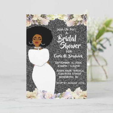 Silver & White African American Bridal Shower Invitations