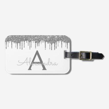 Silver White Glitter Sparkle Monogram Name Luggage Tag