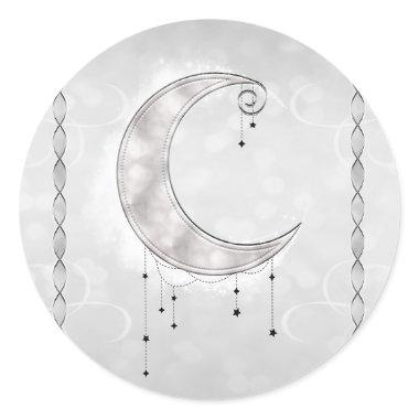 Silvery White Crescent Moon Stars Engagement Party Classic Round Sticker