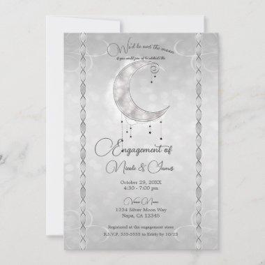 Silvery White Crescent Moon Stars Engagement Party Invitations