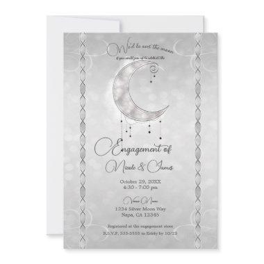 Silvery White Crescent Moon Stars Engagement Party Invitations