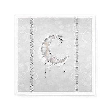Silvery White Crescent Moon Stars Engagement Party Napkins