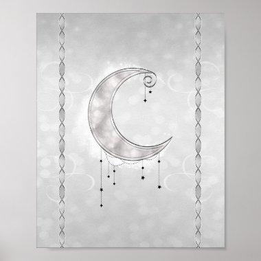 Silvery White Crescent Moon Stars Engagement Party Poster