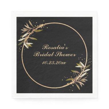 Simple Black and Gold Leaf Frame Bridal Shower Napkins