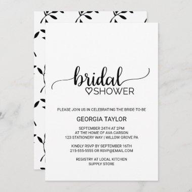 Simple Black Calligraphy Bridal Shower Invitations