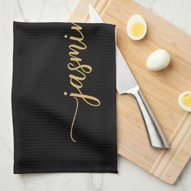 Simple Black Gold Girly Monogram Name Script Kitchen Towel