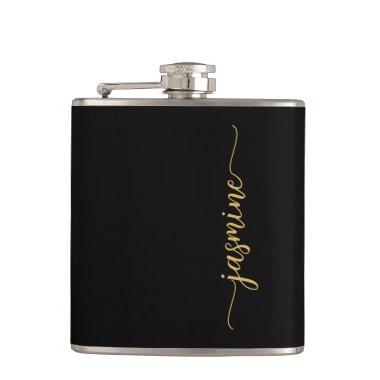Simple Black Gold Girly Monogram Name Signature Flask