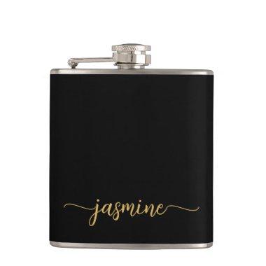 Simple Black Gold Girly Monogram Name Signature Flask