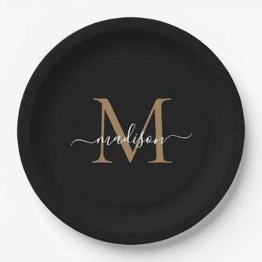 Simple Black Gold Monogram Feminine Script Name Paper Plates