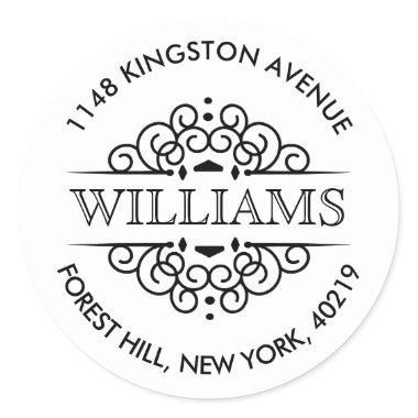 Simple Black & White Ornate Custom Return Address Classic Round Sticker