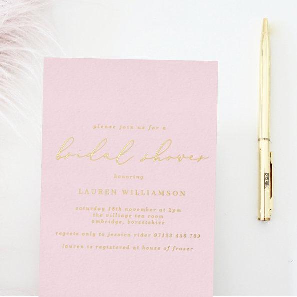 Simple Blush Calligraphy Bridal Shower Gold Foil Invitations