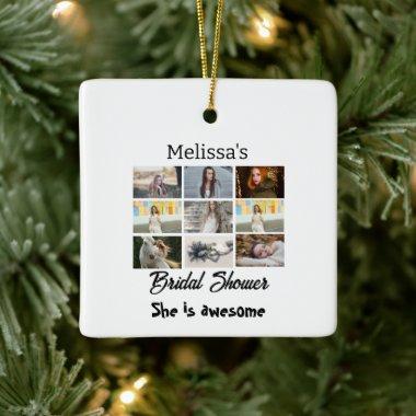Simple bridal shower personalized 9 photocollage ceramic ornament