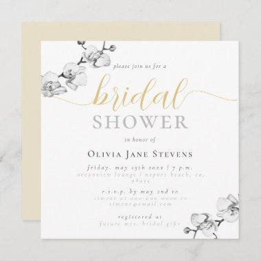 Simple Chic Gold Black White Orchids Bridal Shower Invitations