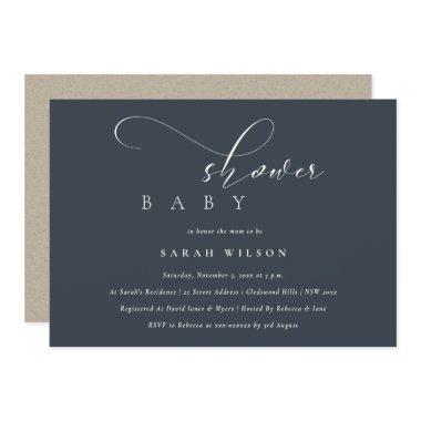 Simple Chic Script Black Navy Baby Shower Invite