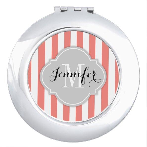 Simple Coral Pink and White Stripes with Monogram Compact Mirror