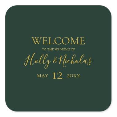 Simple Elegant Christmas | Green Wedding Welcome Square Sticker