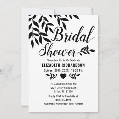Simple Elegant Foliage Black & White Bridal Shower Invitations