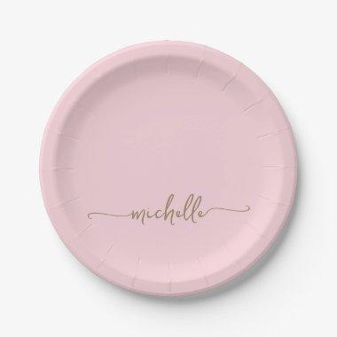 Simple Elegant Gold Monogram Script Blush Pink Paper Plates