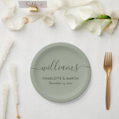 Simple Elegant Modern Script Sage Green Wedding Paper Plates