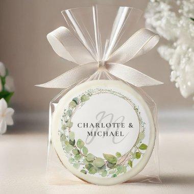 Simple, elegant, monogram, eucalyptus, wedding sugar cookie