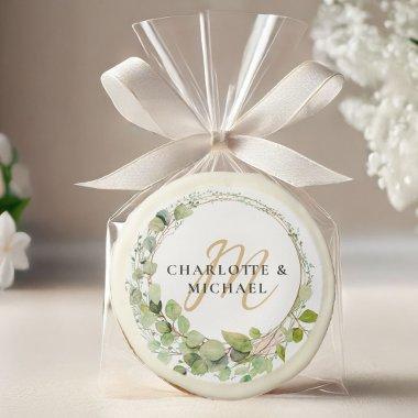 Simple, elegant, monogram, eucalyptus, wedding sugar cookie