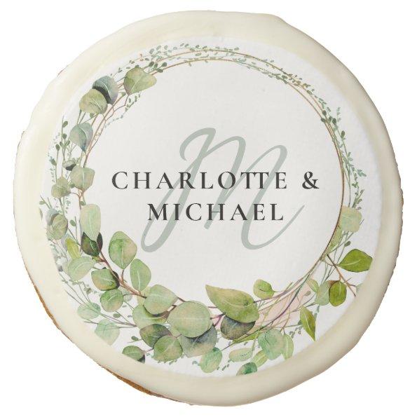 Simple, elegant, monogram eucalyptus wedding sugar cookie